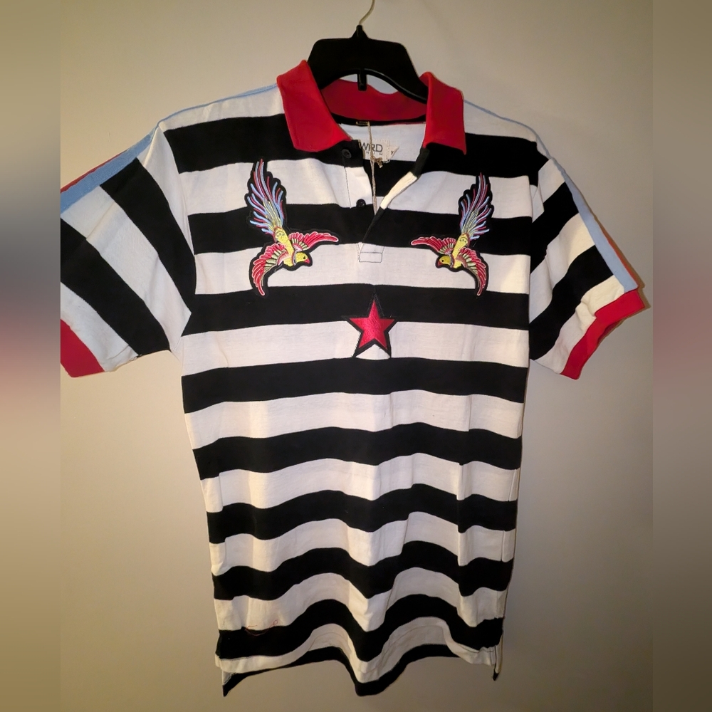 FRWD Denim Striped Polo With Embroidered Twin Birds And Star men's  XL